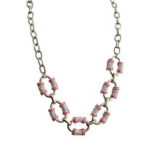 J CREW Orange Enamel & Rhinestone Barrel Chainlink Statement Necklace